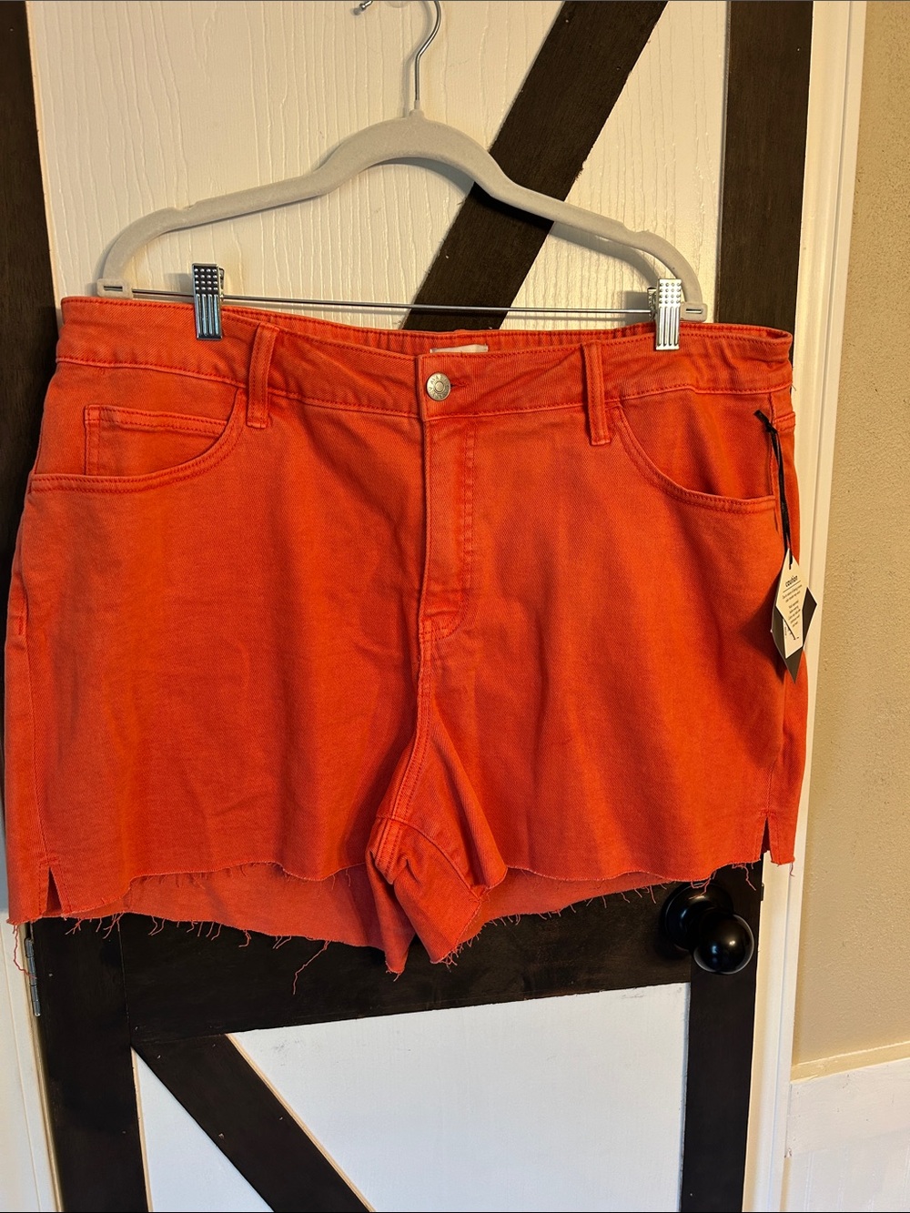 Ava & Viv Orange Denim Cutoff Shorts with Frayed Hem